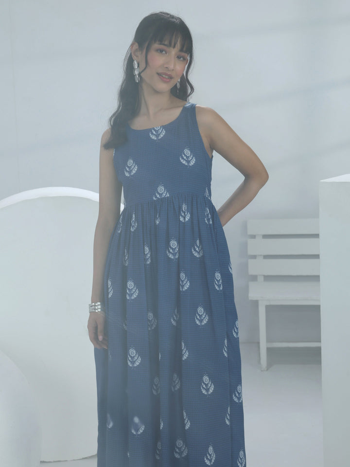 Blue Floral Printed A-Line Cotton Blend One-Piece Dress