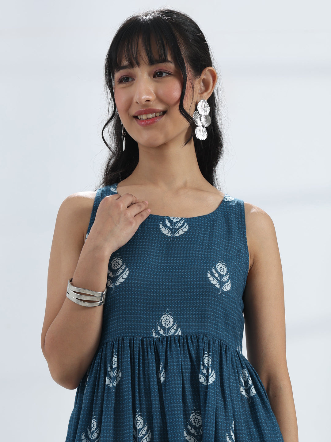 Blue Floral Printed A-Line Cotton Blend One-Piece Dress