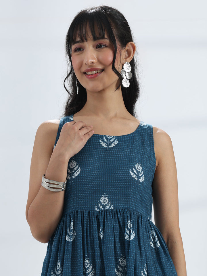 Blue Floral Printed A-Line Cotton Blend One-Piece Dress
