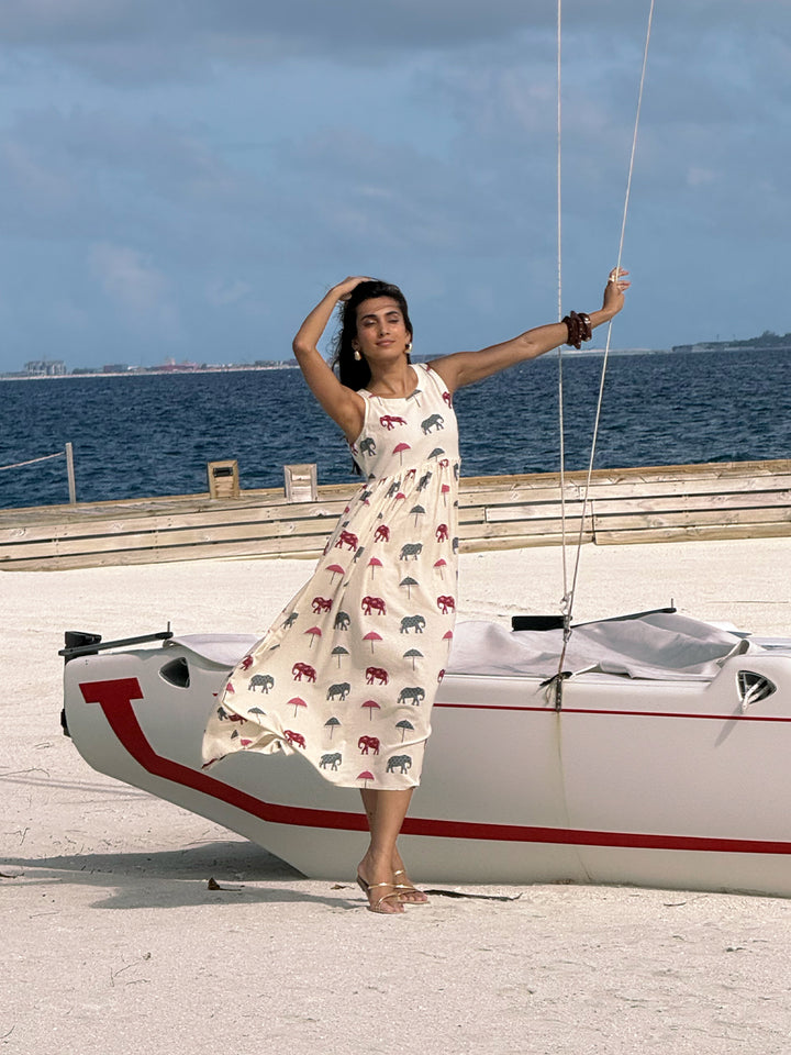 Off White Elephant Printed A-Line Cotton One-Piece Dress