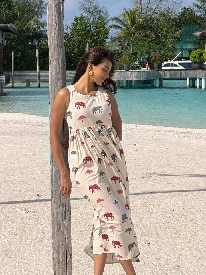 Off White Elephant Printed A-Line Cotton One-Piece Dress