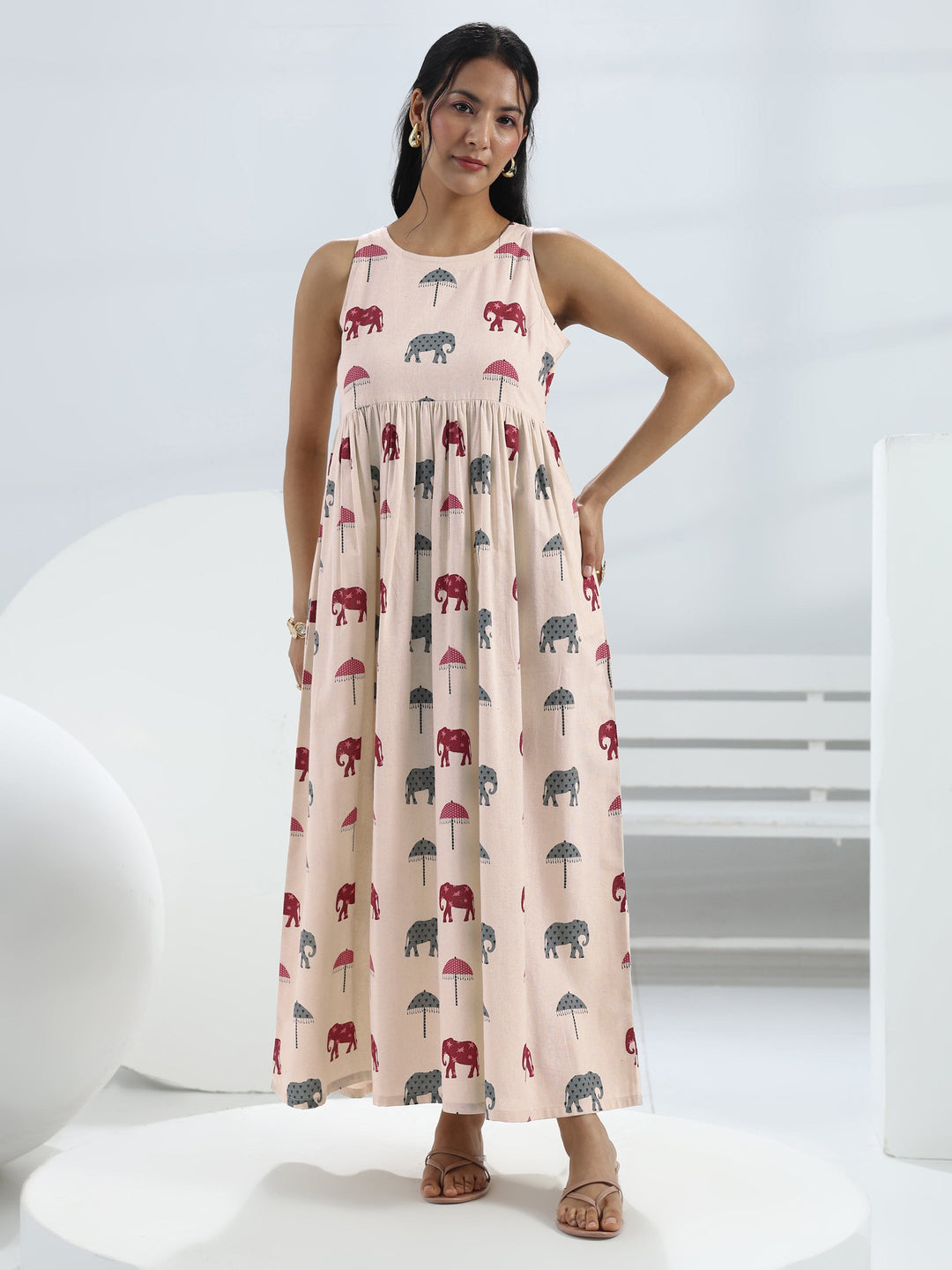 Off White Elephant Printed A-Line Cotton One-Piece Dress