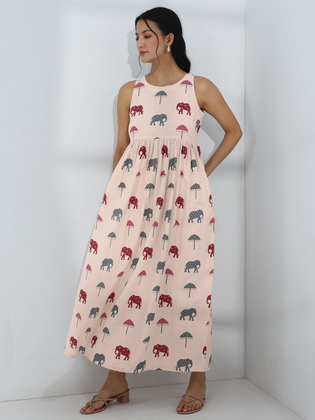 Off White Elephant Printed A-Line Cotton One-Piece Dress