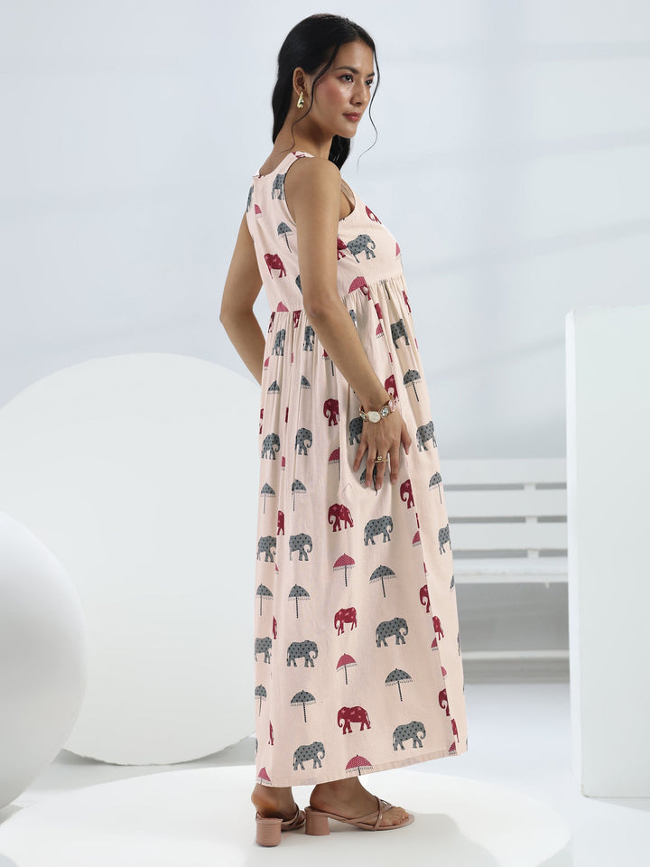 Off White Elephant Printed A-Line Cotton One-Piece Dress