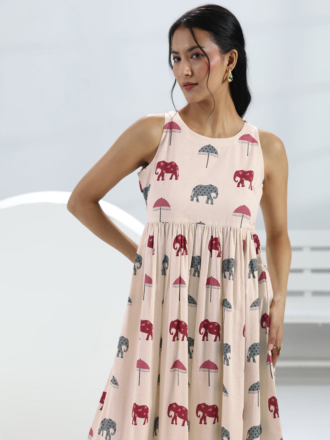 Off White Elephant Printed A-Line Cotton One-Piece Dress