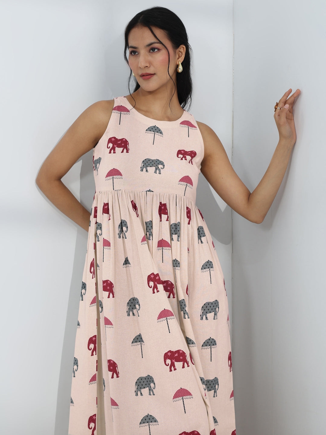 Off White Elephant Printed A-Line Cotton One-Piece Dress
