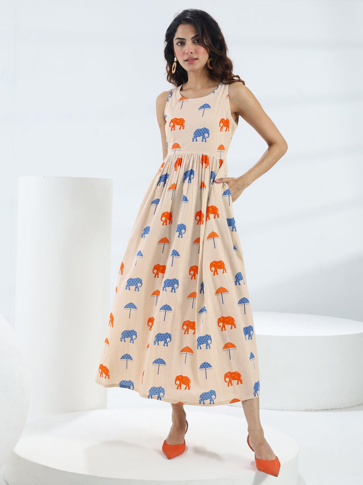 Off White Quirky Printed Cotton A-Line One-Piece Dress