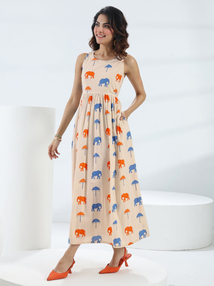 Off White Quirky Printed Cotton A-Line One-Piece Dress