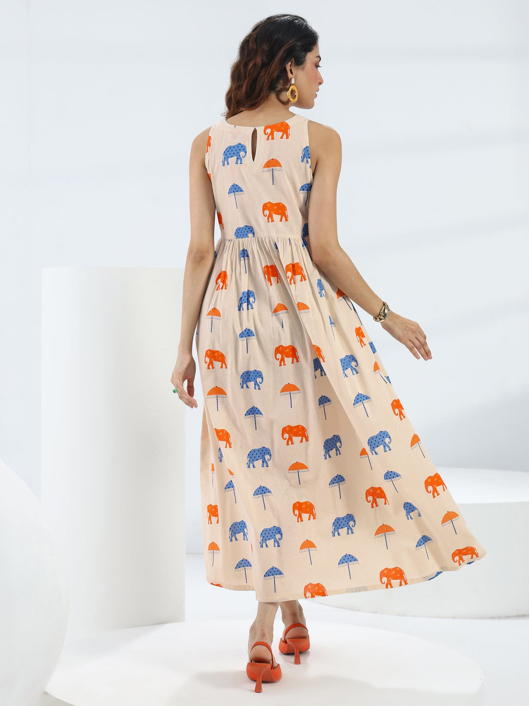 Off White Quirky Printed Cotton A-Line One-Piece Dress