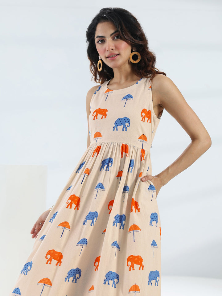 Off White Quirky Printed Cotton A-Line One-Piece Dress