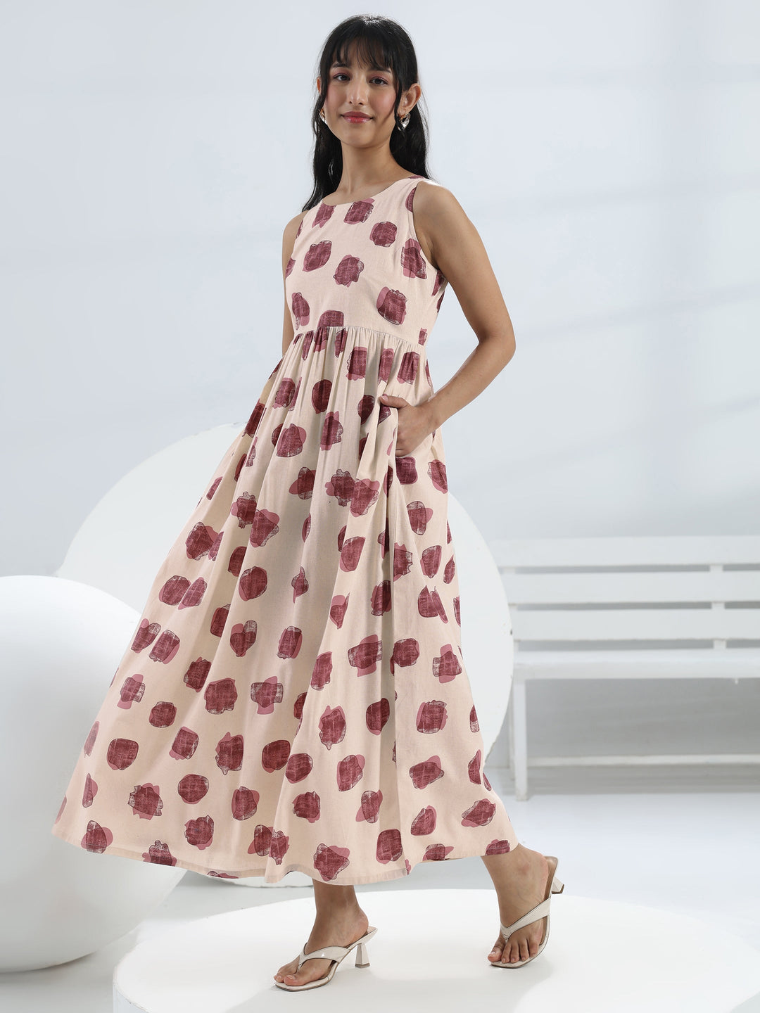 Off-White Abstract Printed Fit-And-Flare Cotton One-Piece Dress