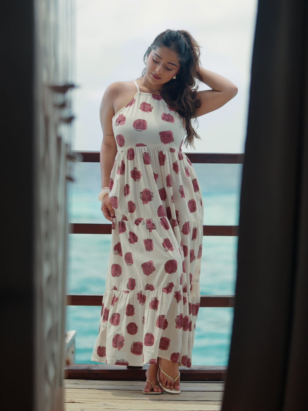 Off White Printed Cotton One-Piece Tiered Dress
