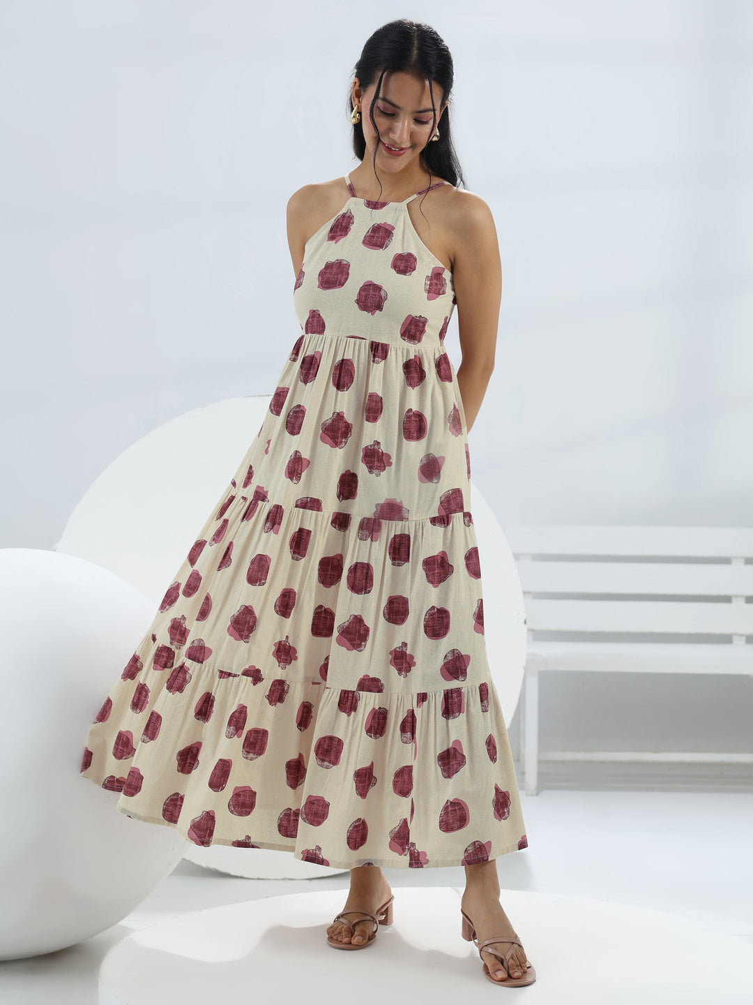 Off White Printed Cotton One-Piece Tiered Dress