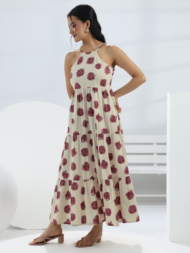 Off White Printed Cotton One-Piece Tiered Dress