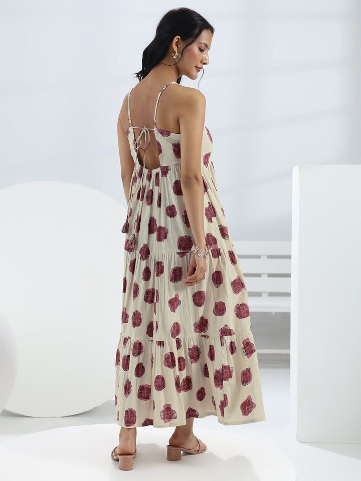 Off White Printed Cotton One-Piece Tiered Dress