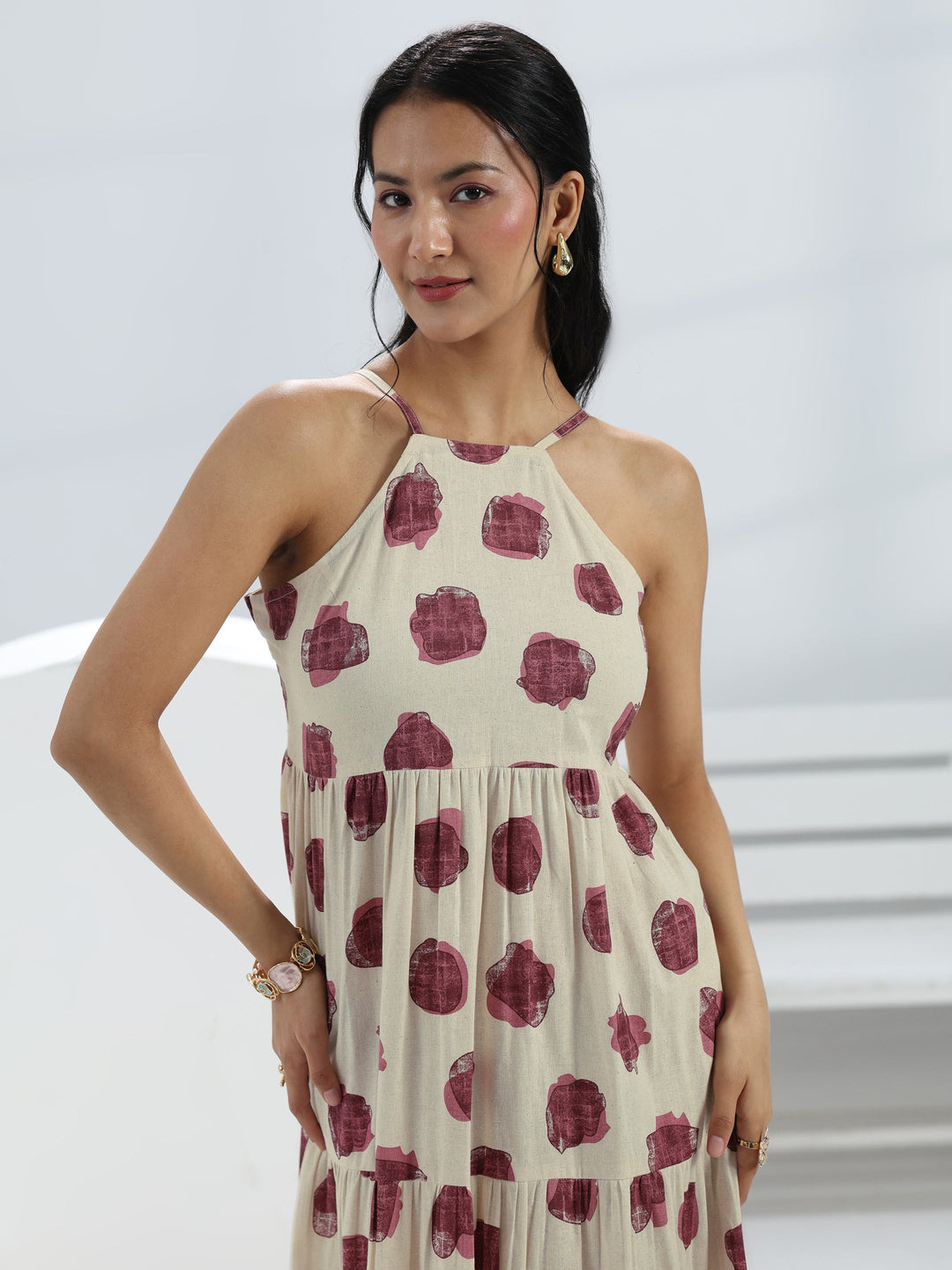 Off White Printed Cotton One-Piece Tiered Dress