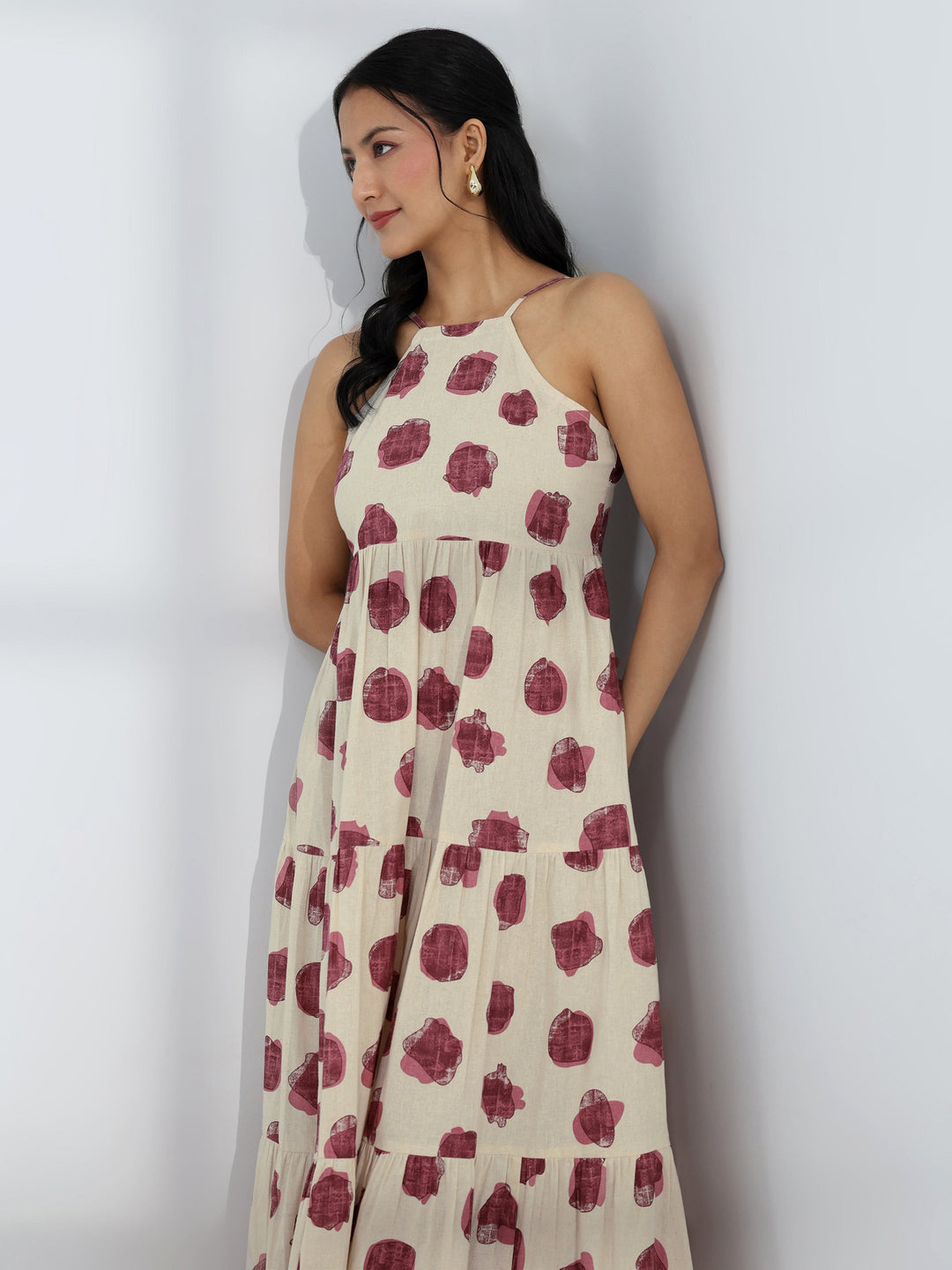 Off White Printed Cotton One-Piece Tiered Dress