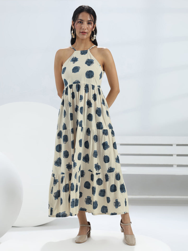 Off White Printed Cotton One-Piece Tiered Dress