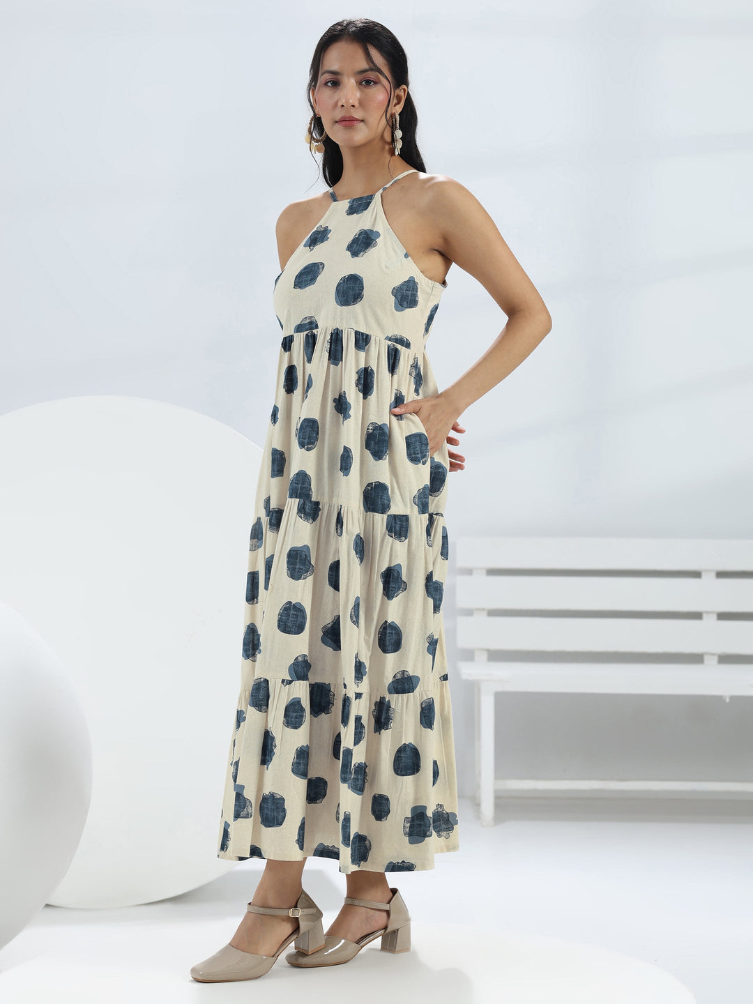 Off White Printed Cotton One-Piece Tiered Dress