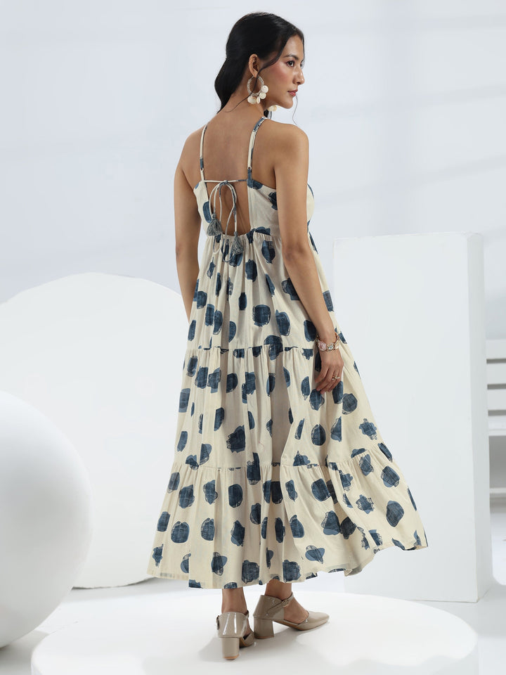 Off White Printed Cotton One-Piece Tiered Dress