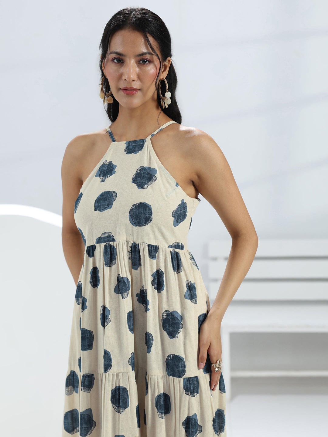 Off White Printed Cotton One-Piece Tiered Dress