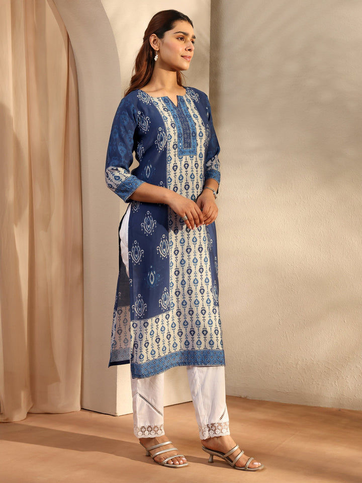 Indigo Ethnic Motif Printed Silk Blend Straight Kurta