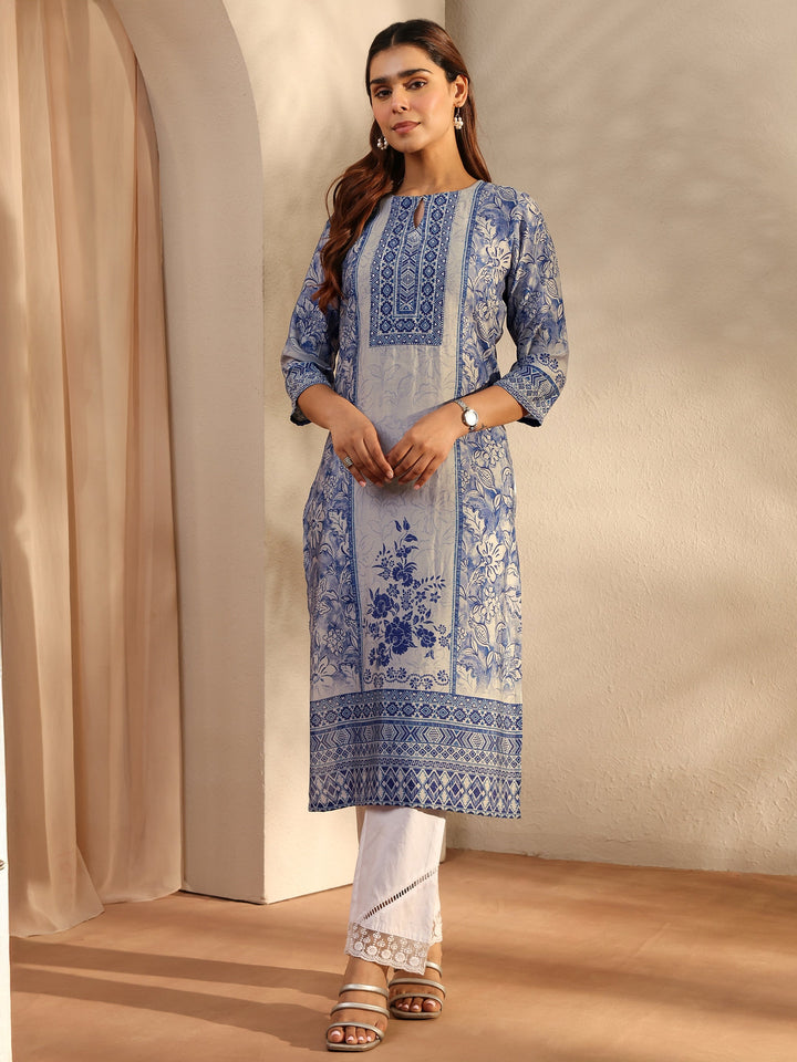 Grey Floral Printed Silk Blend Straight Kurta