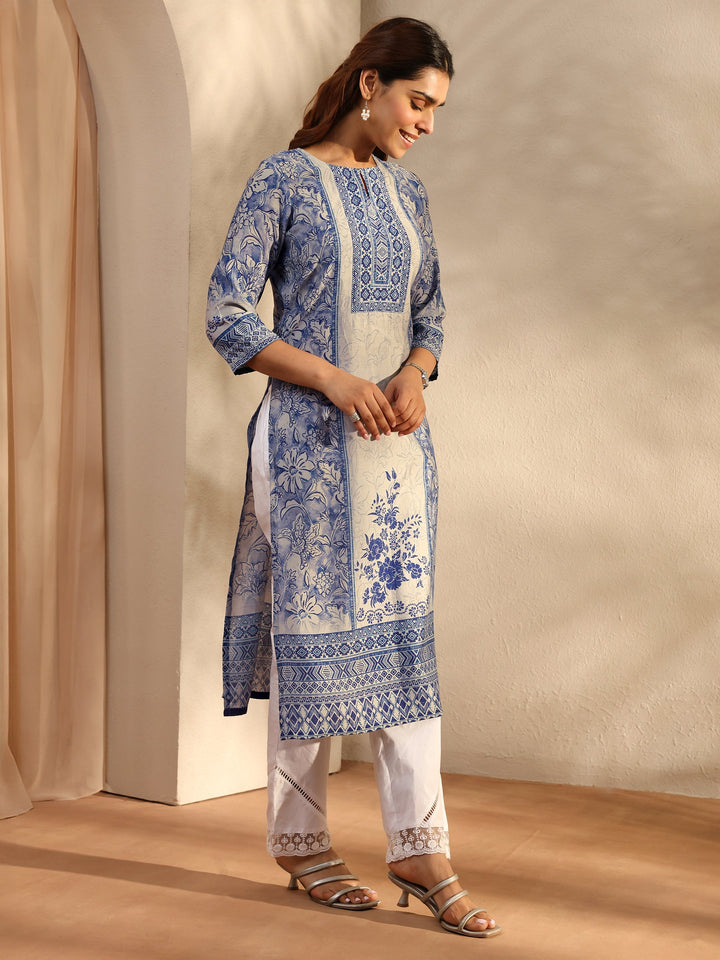 Grey Floral Printed Silk Blend Straight Kurta