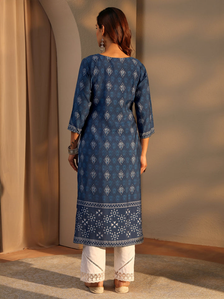 Indigo Ethnic Motif Printed Silk Blend Straight Kurta