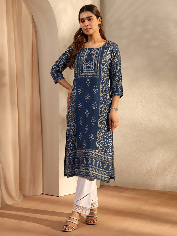 Blue Ethnic Motif Printed Silk Blend Straight Kurta