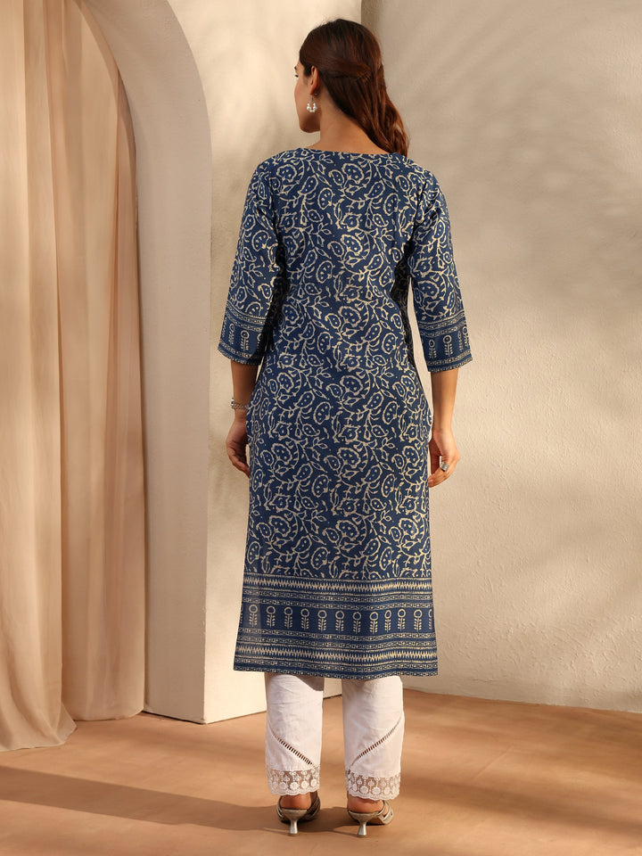 Blue Ethnic Motif Printed Silk Blend Straight Kurta