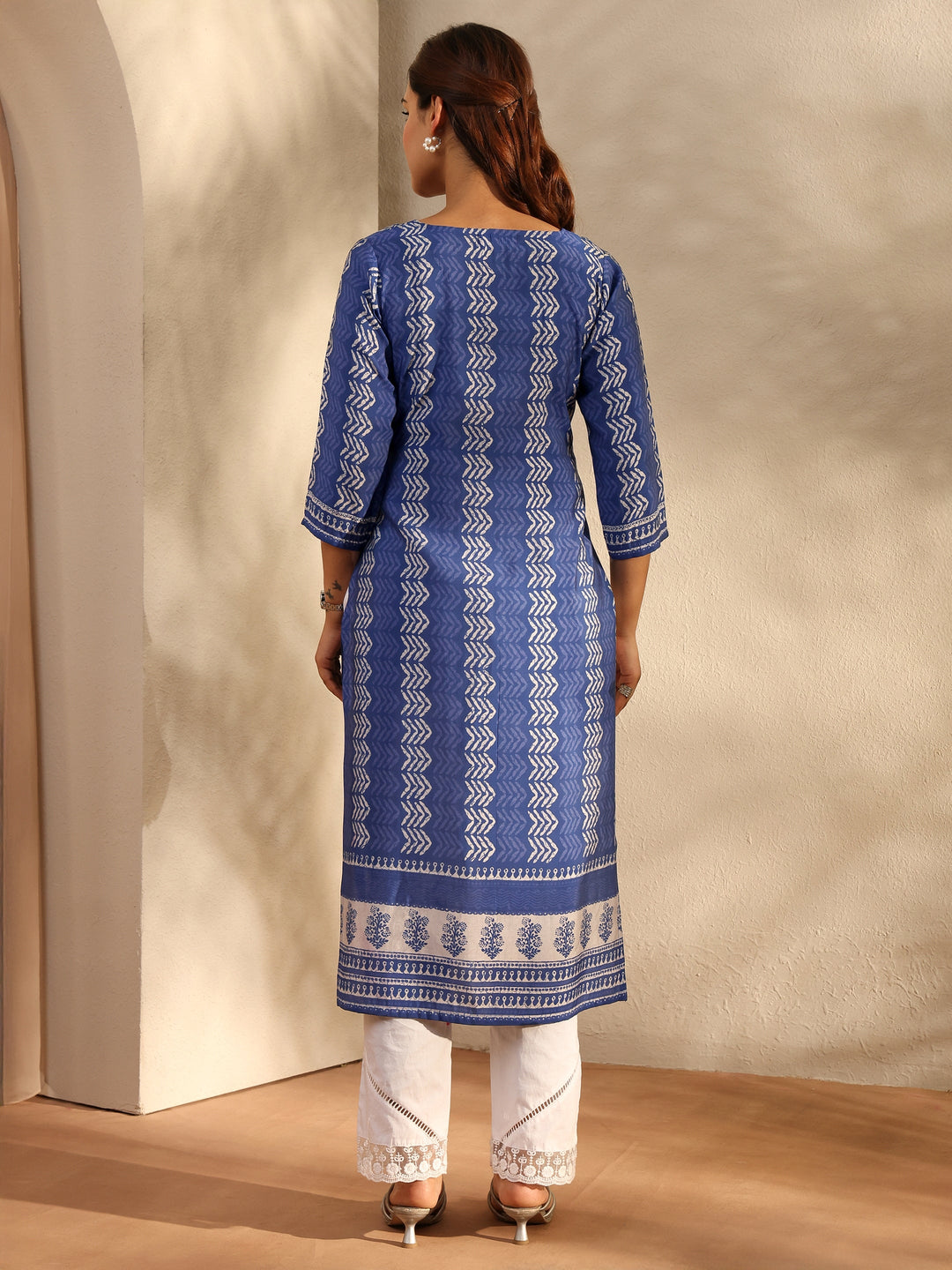 Blue Chevron Printed Silk Blend Straight Kurta