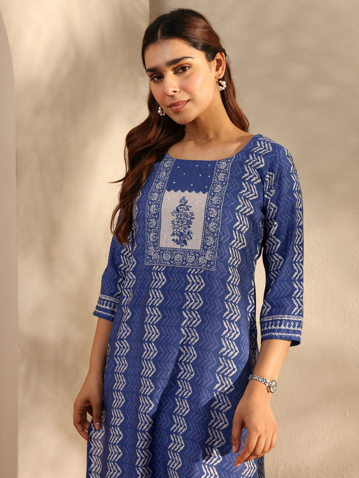 Blue Chevron Printed Silk Blend Straight Kurta