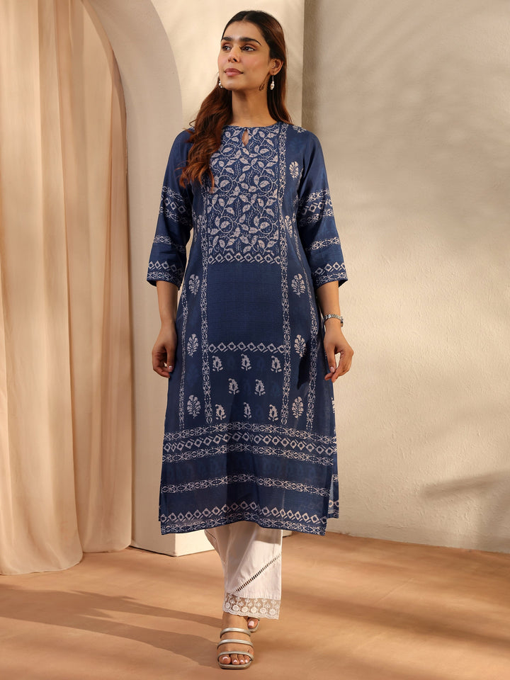 Indigo Floral Printed Silk Blend Straight Kurta