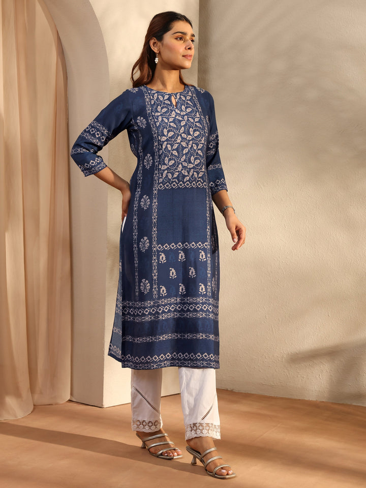 Indigo Floral Printed Silk Blend Straight Kurta