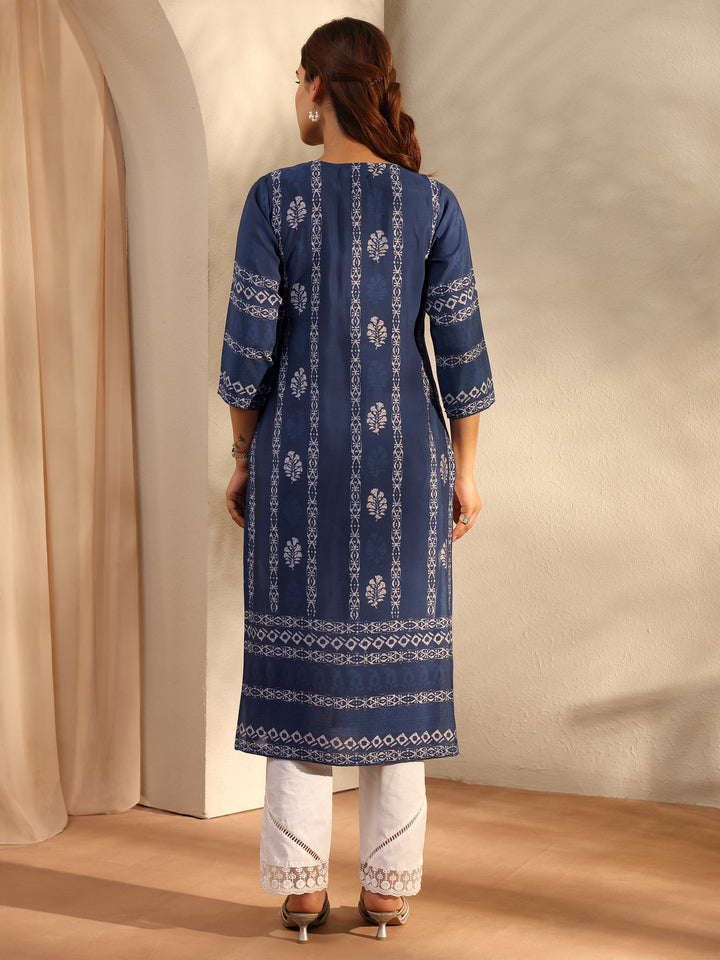 Indigo Floral Printed Silk Blend Straight Kurta