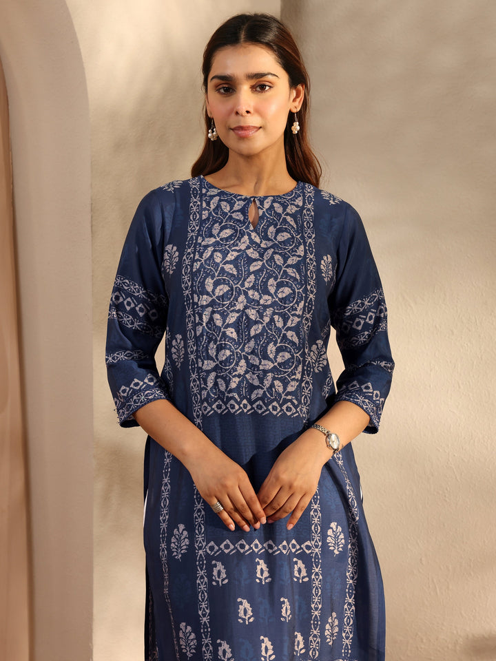 Indigo Floral Printed Silk Blend Straight Kurta