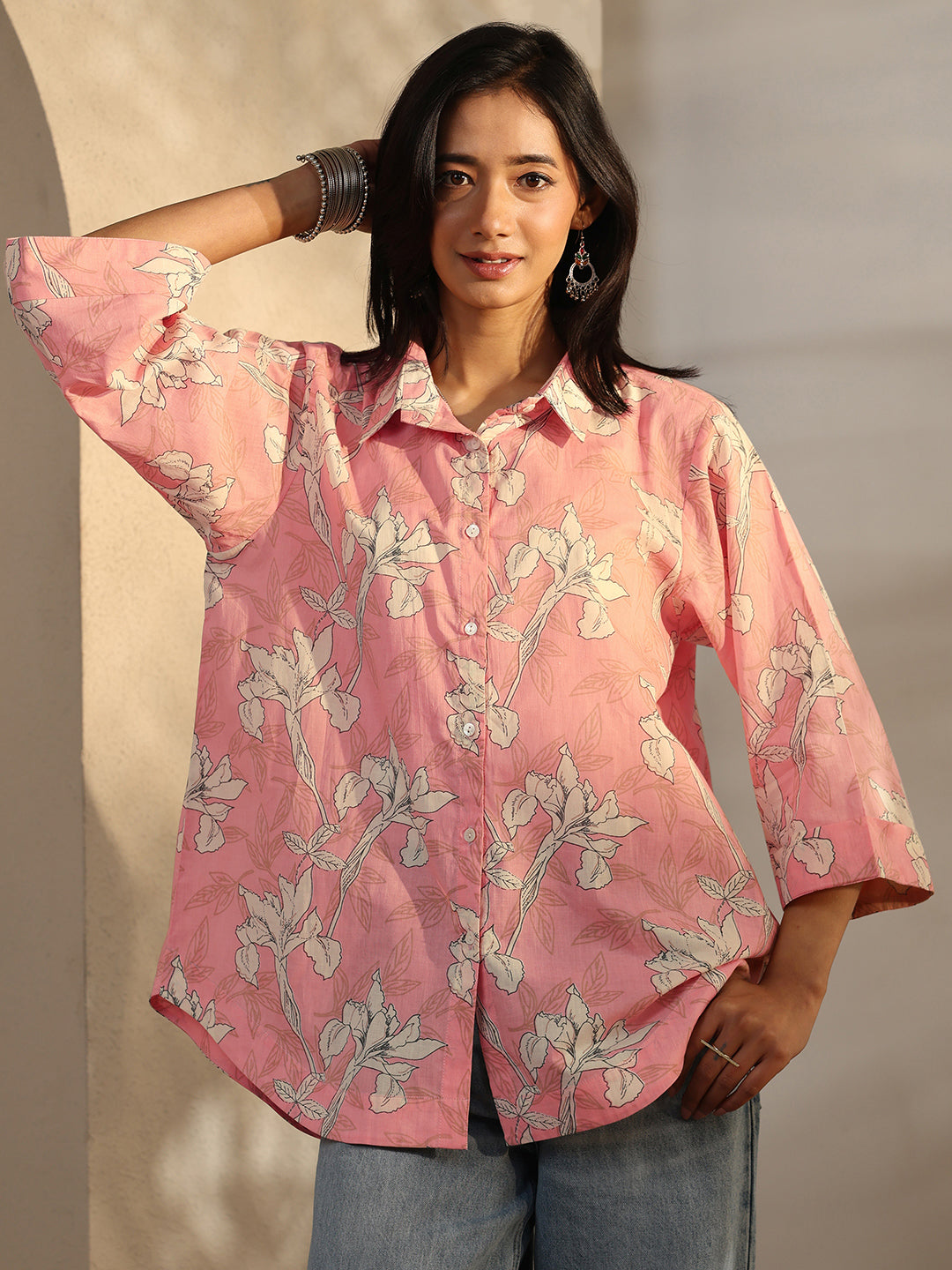Peach Printed Cotton Straight Shirt