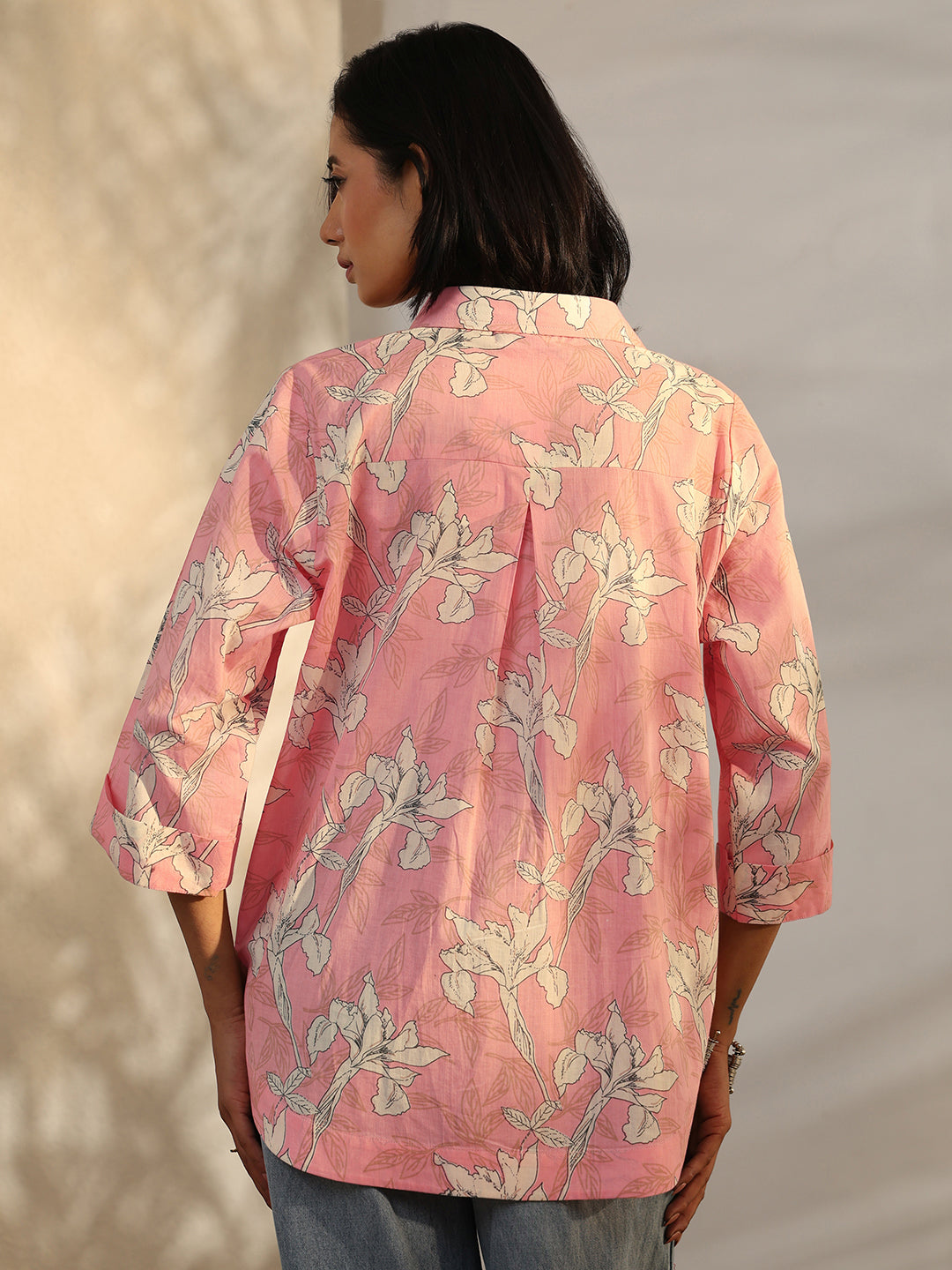 Peach Printed Cotton Straight Shirt