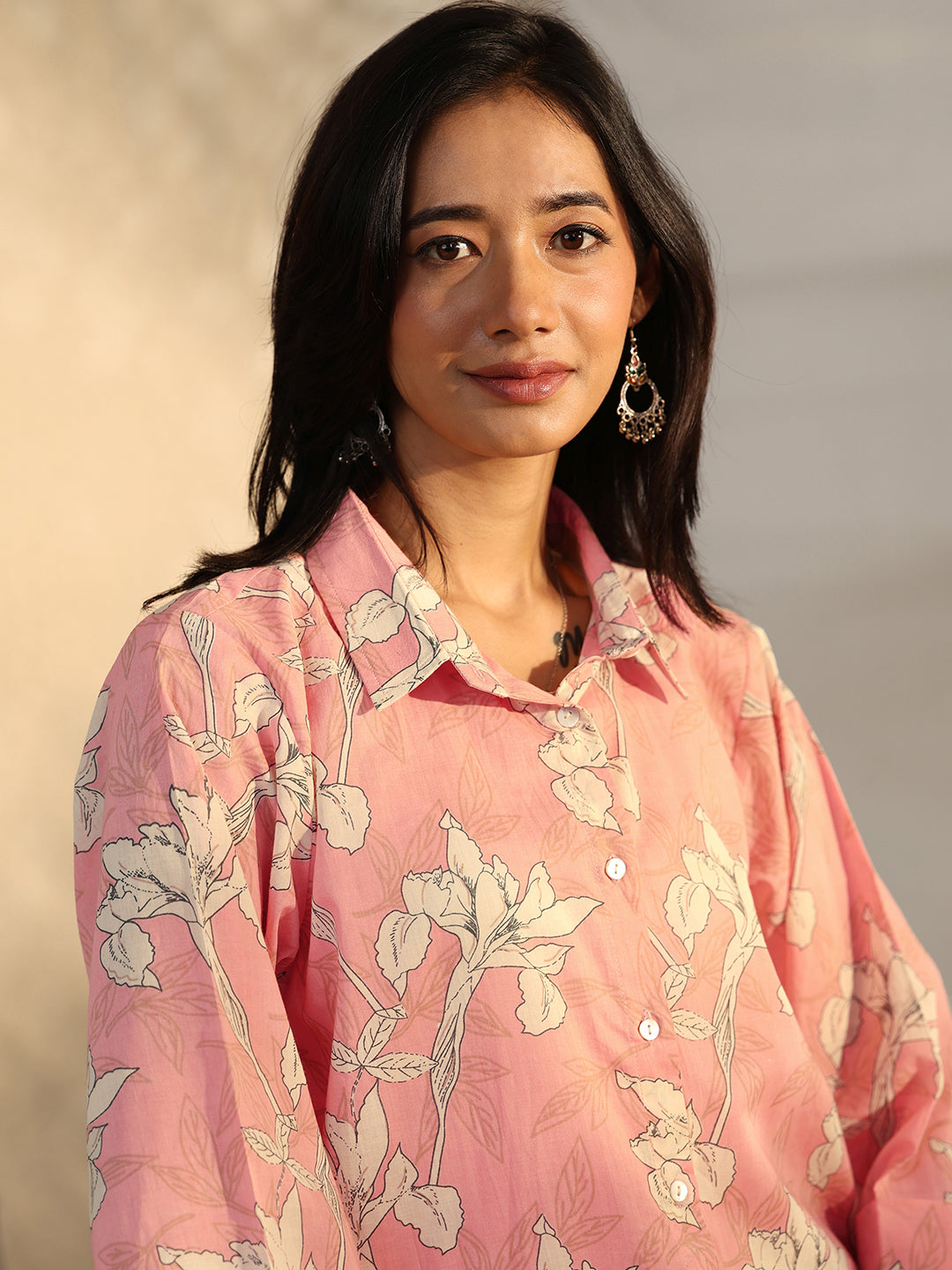 Peach Printed Cotton Straight Shirt
