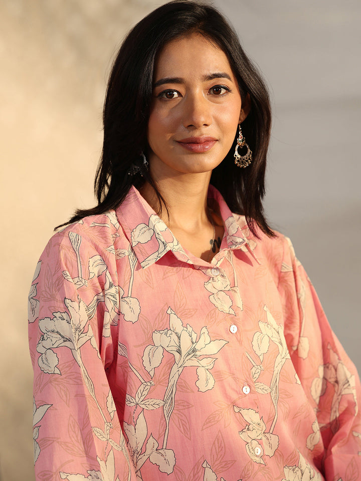 Peach Printed Cotton Straight Shirt