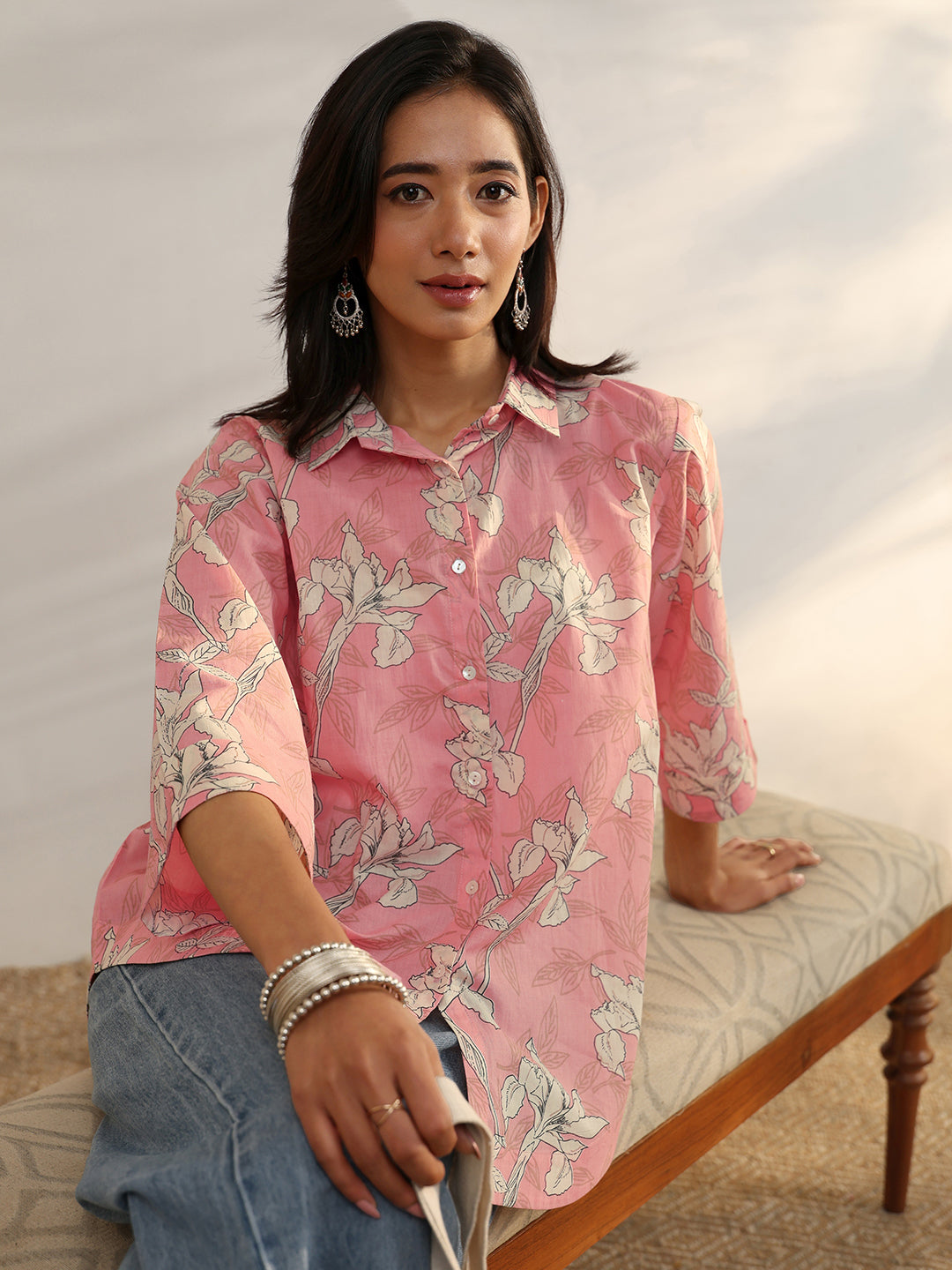Peach Printed Cotton Straight Shirt