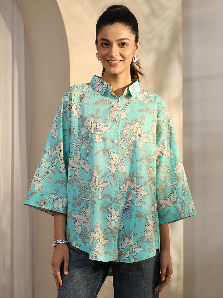 Blue Printed Cotton Straight Shirt