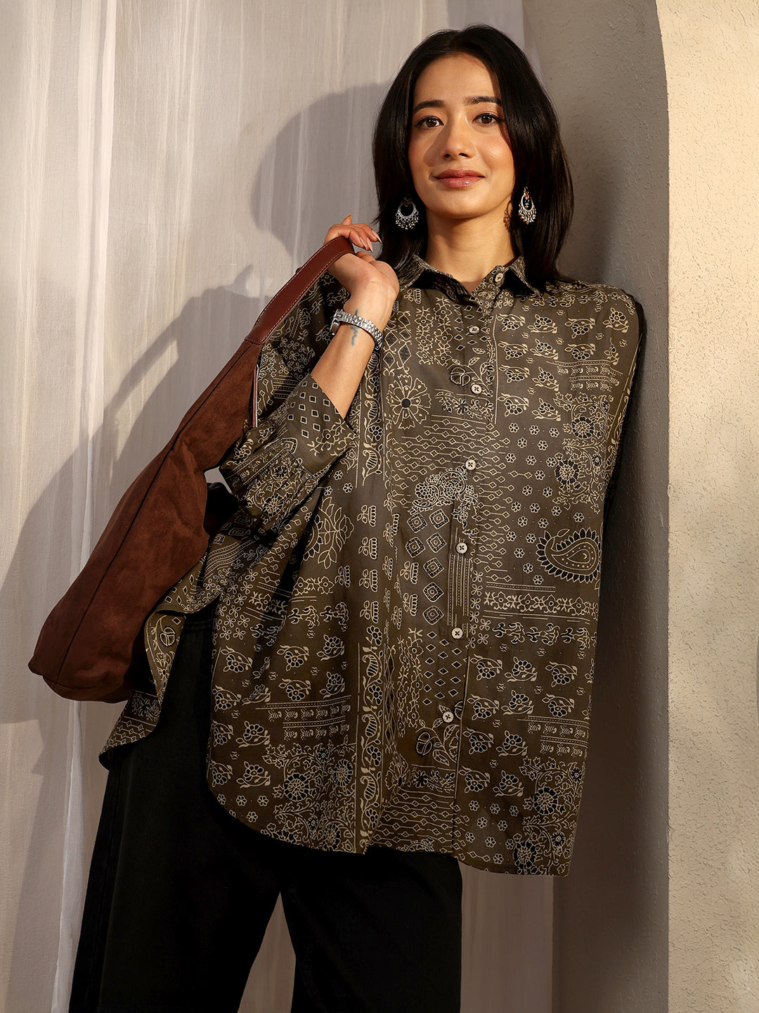 Brown Block Printed Cotton Straight Shirt