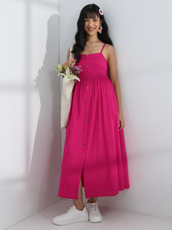 Pink Solid Cotton One-Piece Dress