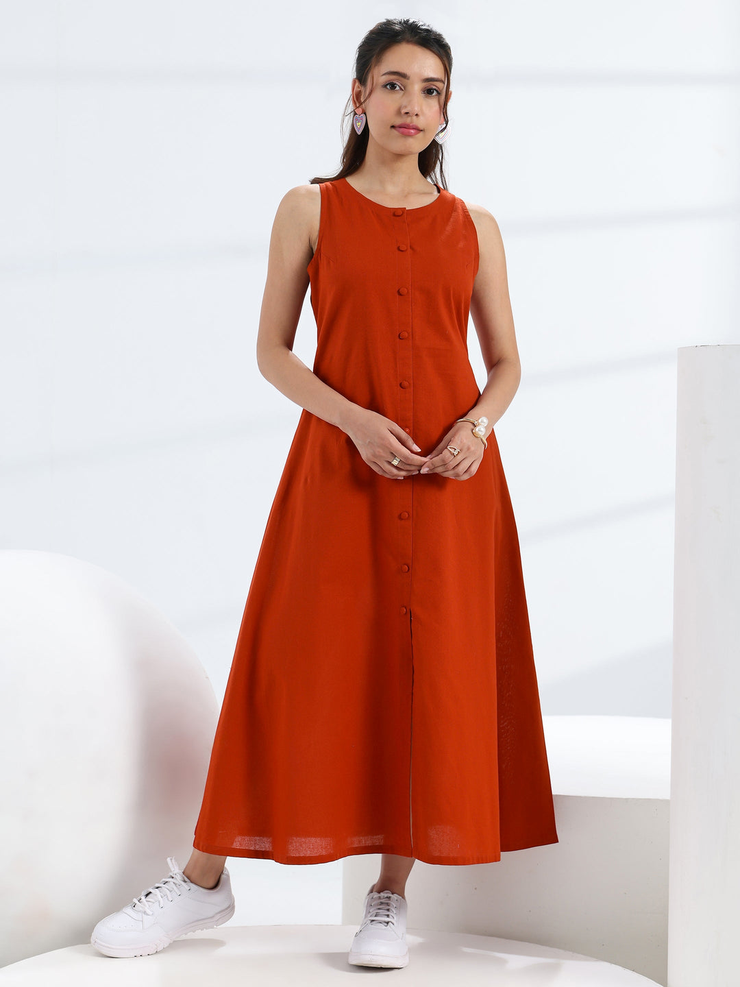 Buy Rust Solid Cotton A-Line One Piece Dress Online in Canada at $22.00