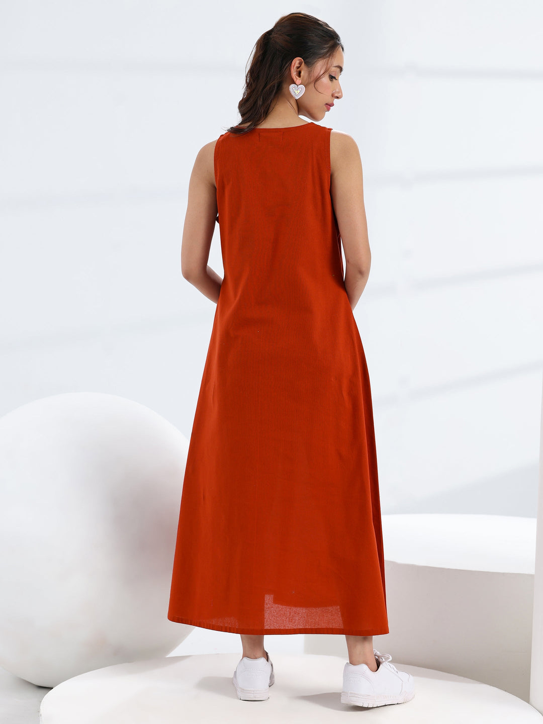 Rust Solid Cotton A-Line One Piece Dress