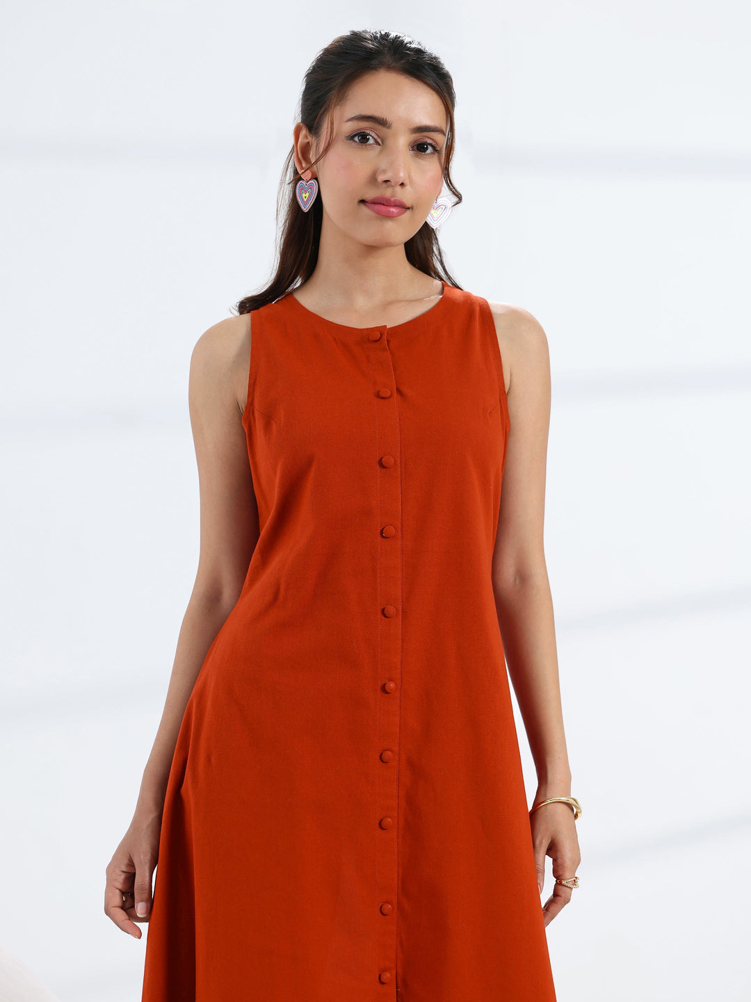 Rust Solid Cotton A-Line One Piece Dress