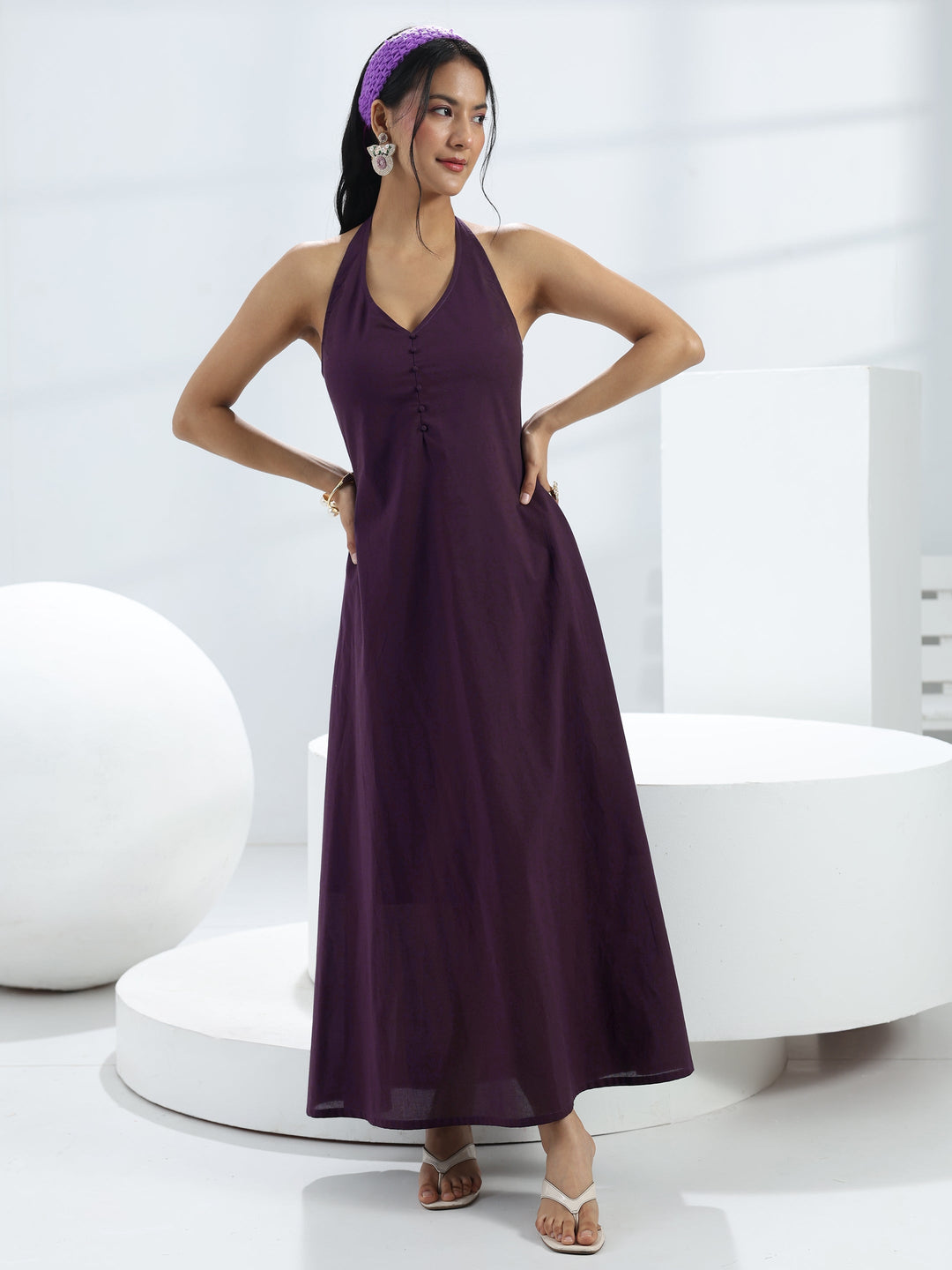 Purple Solid Cotton A-Line One-Piece Dress