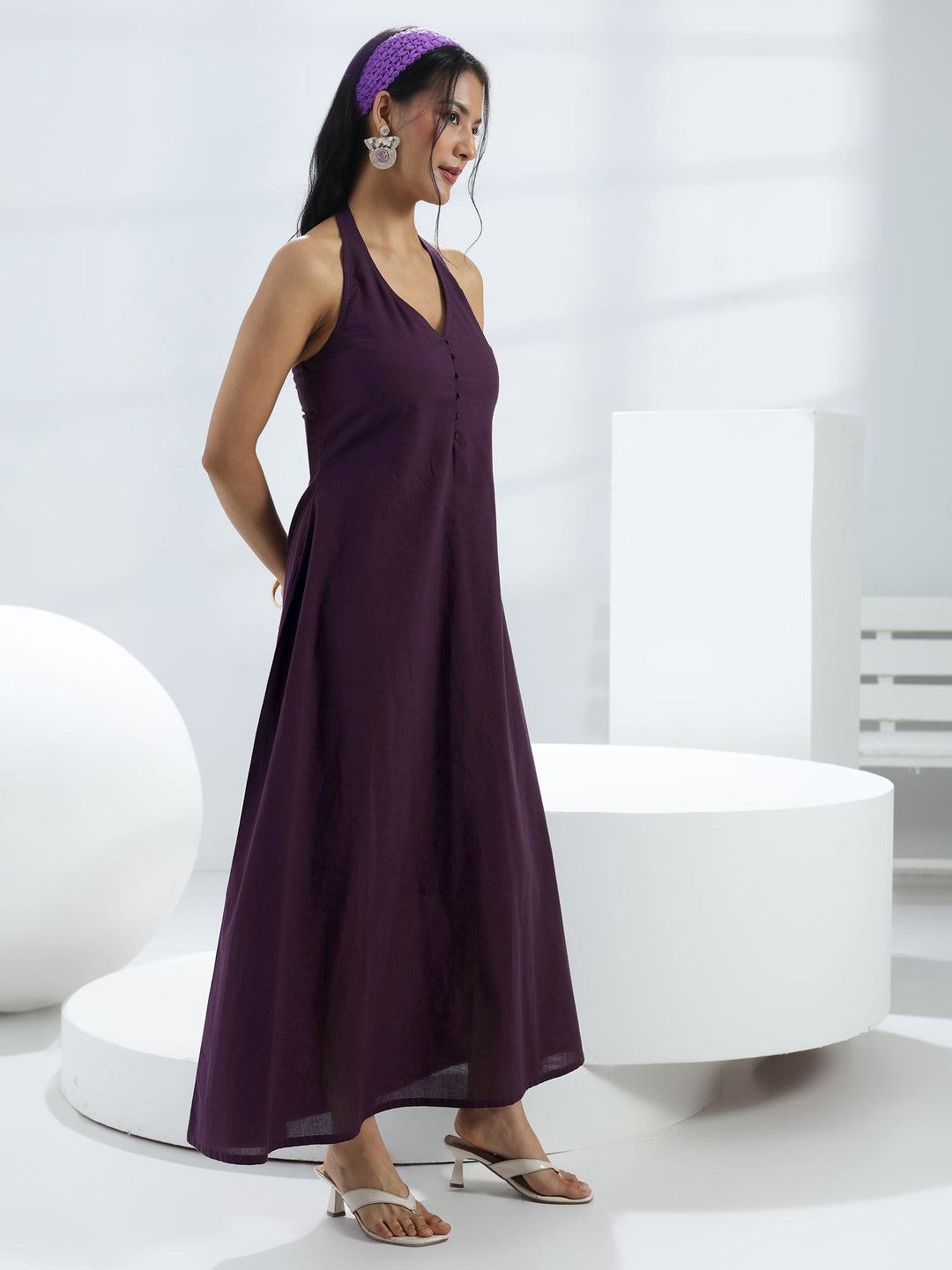 Purple Solid Cotton A-Line One-Piece Dress